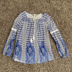 Vintage America Blues Top Women's M Blue White Boho Tassels Peasant Cottagecore